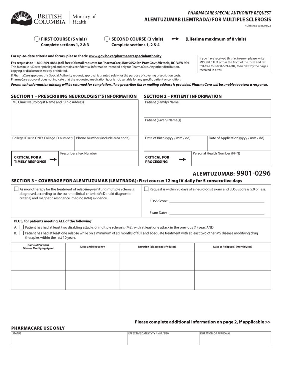 Form HLTH5482 Pharmacare Special Authority Request - Alemtuzumab (Lemtrada) for Multiple Sclerosis - British Columbia, Canada, Page 1
