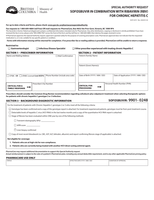 Form HLTH5473 Special Authority Request - Sofosbuvir in Combination With Ribavirin (Rbv) for Chronic Hepatitis C - British Columbia, Canada