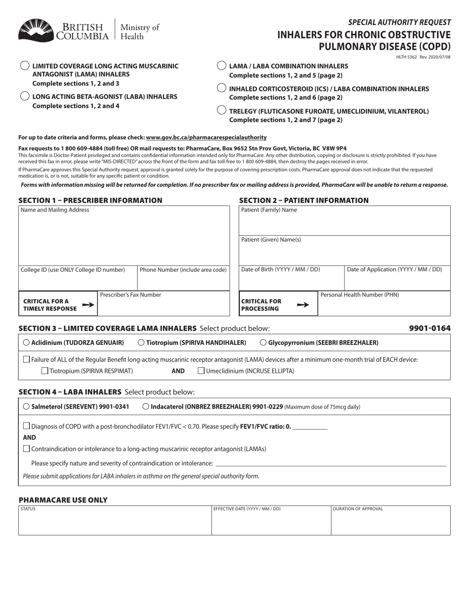 Form HLTH5362 Special Authority Request - Inhalers for Chronic Obstructive Pulmonary Disease (Copd) - British Columbia, Canada, Page 1