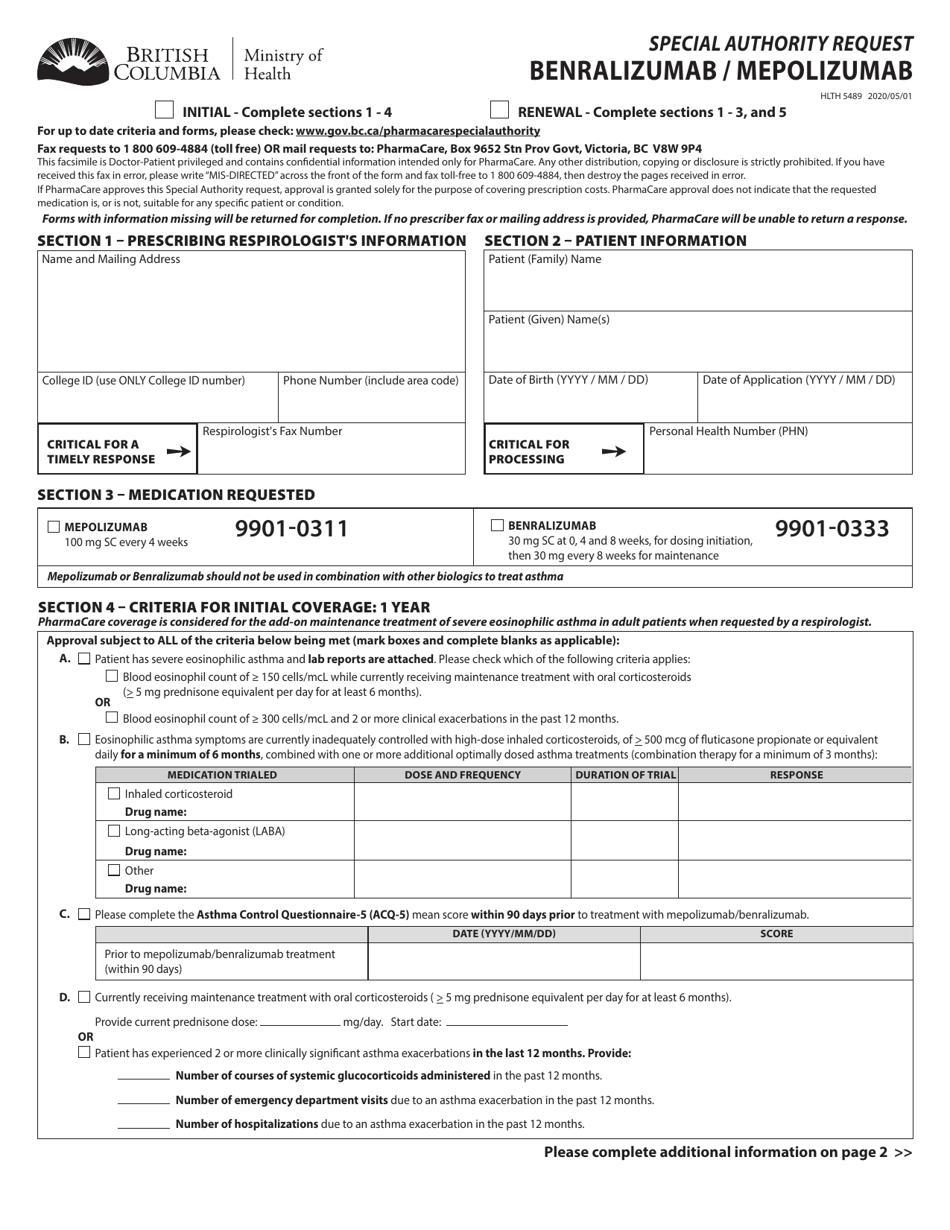 Form HLTH5489 Special Authority Request - Benralizumab / Mepolizumab - British Columbia, Canada, Page 1