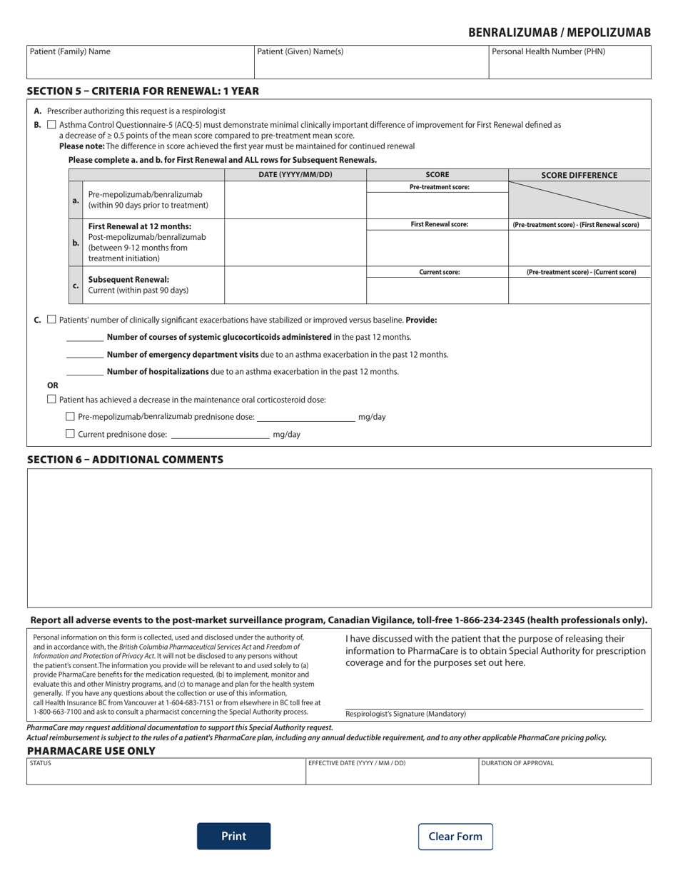 Form HLTH5489 Special Authority Request - Benralizumab / Mepolizumab - British Columbia, Canada, Page 2