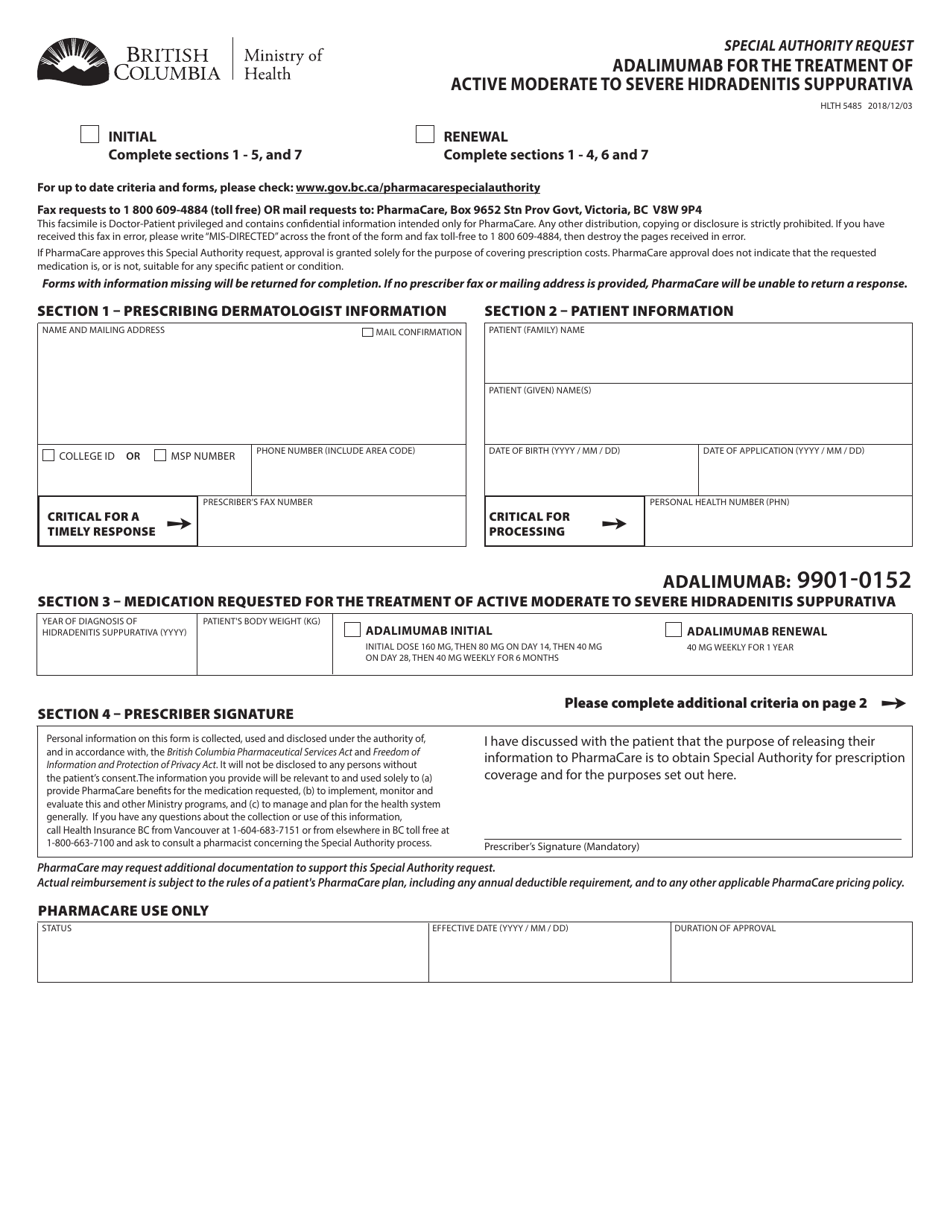Form HLTH5485 Special Authority Request - Adalimumab for the Treatment of Active Moderate to Severe Hidradenitis Suppurativa - British Columbia, Canada, Page 1