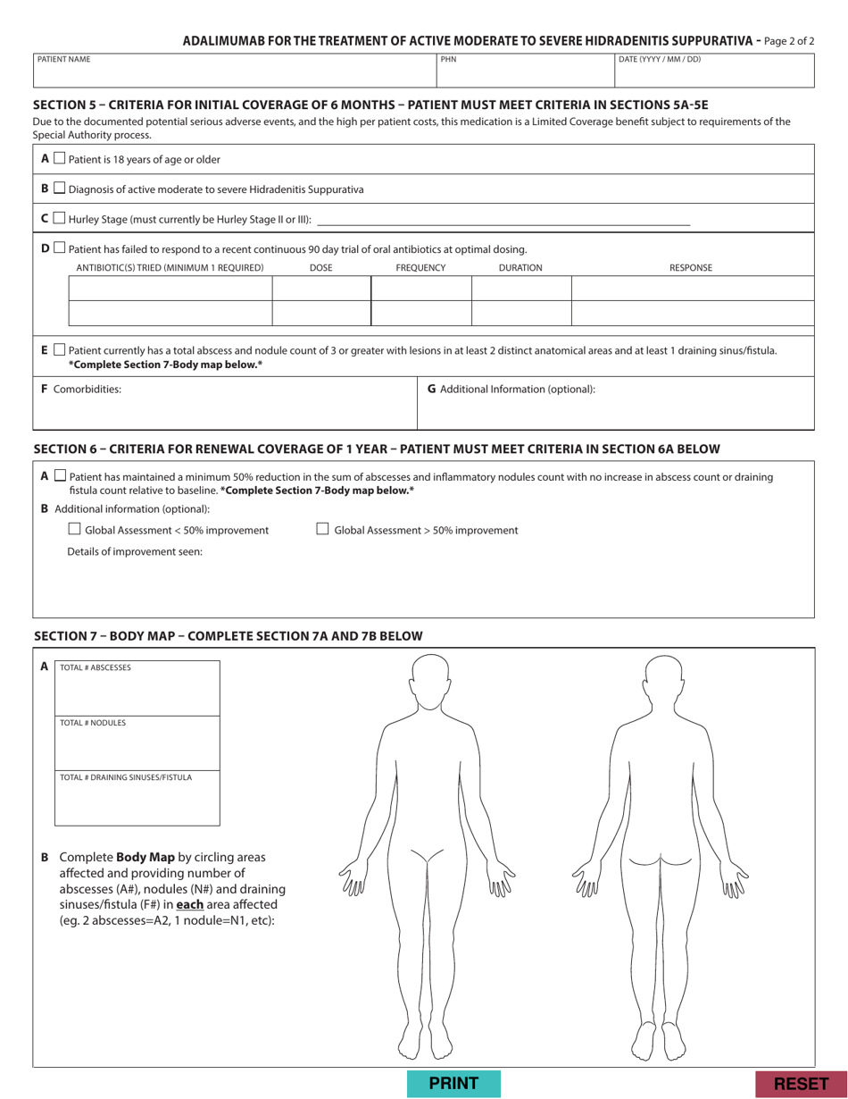Form HLTH5485 Special Authority Request - Adalimumab for the Treatment of Active Moderate to Severe Hidradenitis Suppurativa - British Columbia, Canada, Page 2