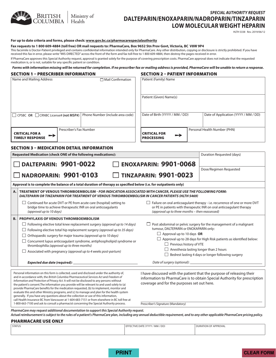 Form HLTH5338 Special Authority Request - Dalteparin / Enoxaparin / Nadroparin / Tinzaparin Low Molecular Weight Heparin - British Columbia, Canada, Page 1