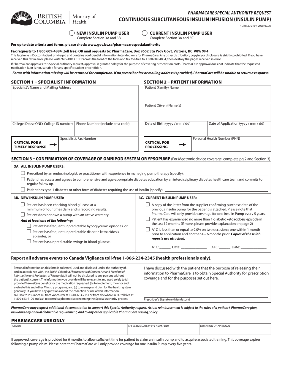 Form HLTH5375 Continuous Subcutaneous Insulin Infusion (Insulin Pump) - British Columbia, Canada, Page 1