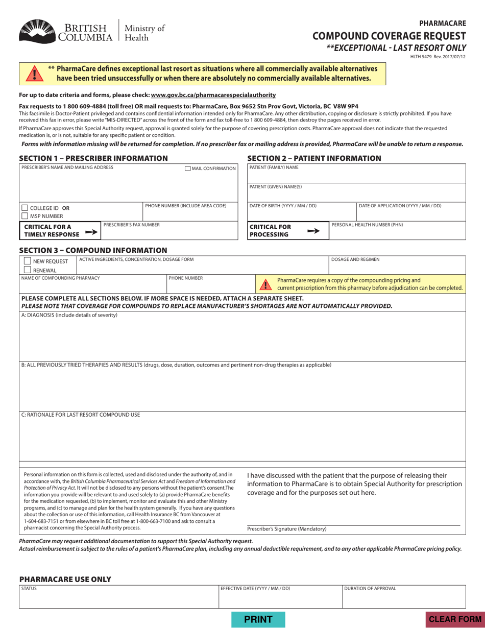 Form HLTH5479 Pharmacare Compound Coverage Request - British Columbia, Canada, Page 1