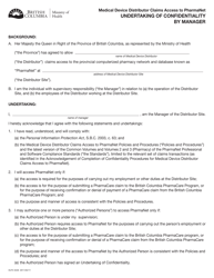 Document preview: Form HLTH4549 Medical Device Distributor Claims Access to Pharmanet - Undertaking of Confidentiality by Manager - British Columbia, Canada