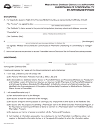 Document preview: Form HLTH4550 Medical Device Distributor Claims Access to Pharmanet - Undertaking of Confidentiality by Authorized Person - British Columbia, Canada