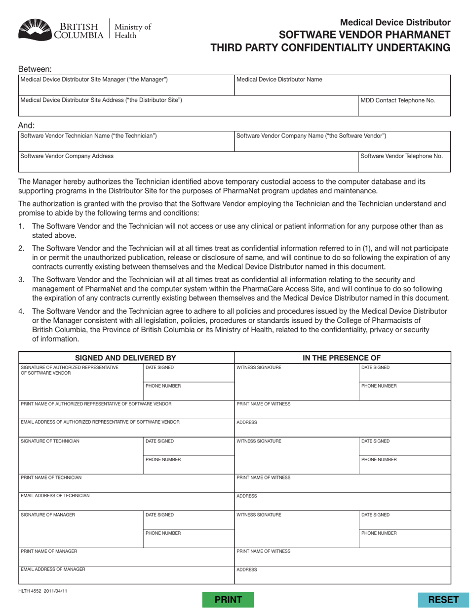 Form HLTH4552 Medical Device Distributor - Software Vendor Pharmanet Third Party Confidentiality Undertaking - British Columbia, Canada, Page 1