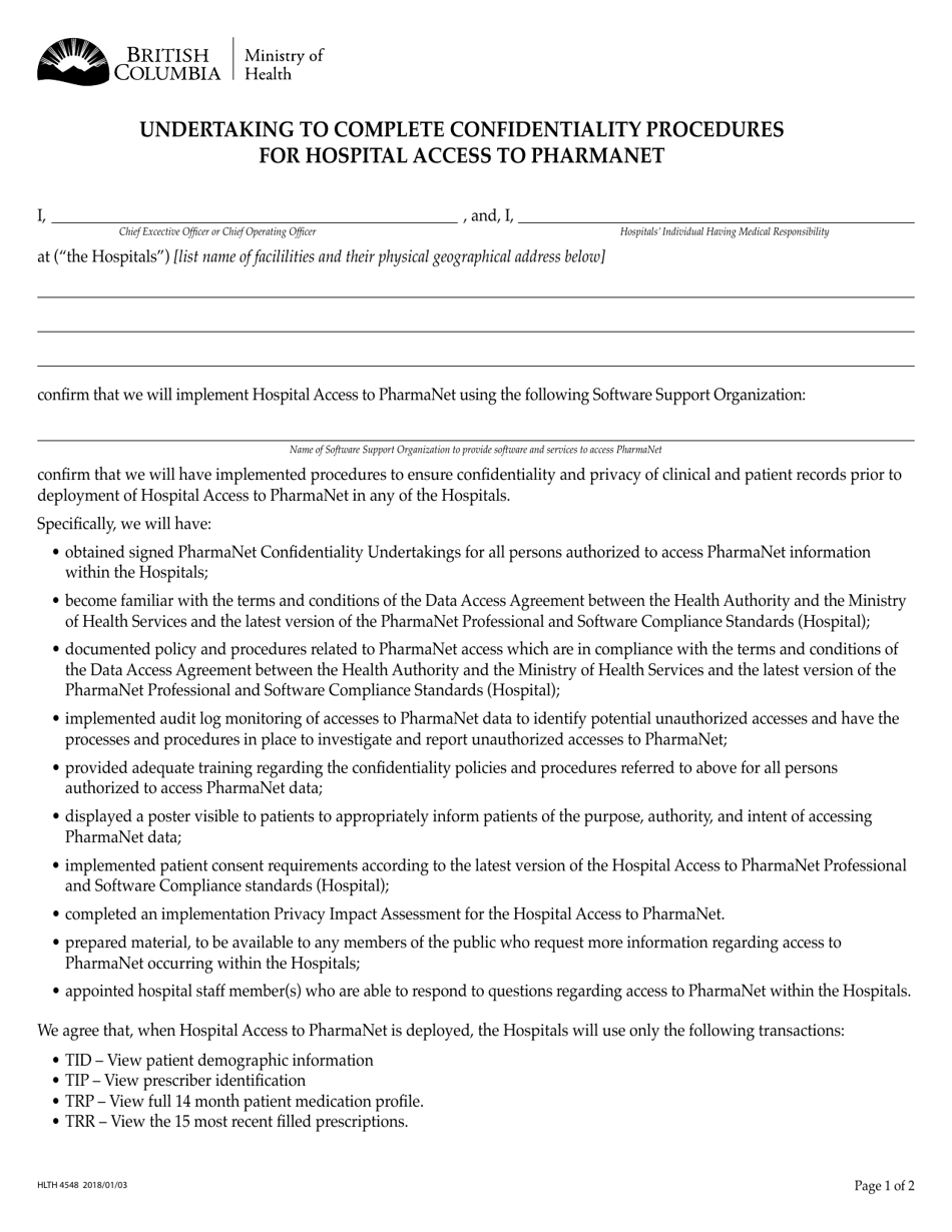 Form HLTH4548 Undertaking to Complete Confidentiality Procedures for Hospital Access to Pharmanet - British Columbia, Canada, Page 1