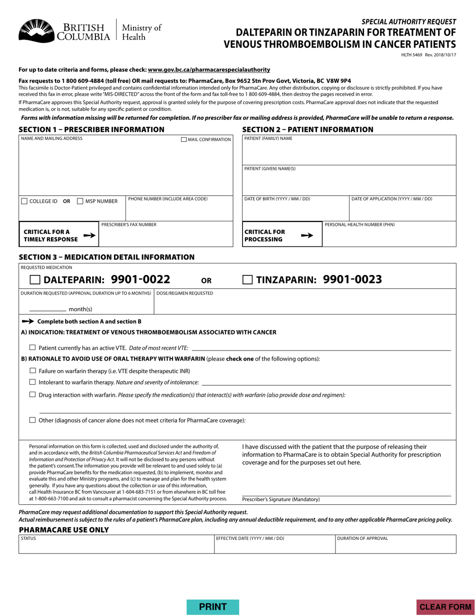 Form HLTH5469 Special Authority Request - Dalteparin or Tinzaparin for Treatment of Venous Thromboembolism in Cancer Patients - British Columbia, Canada, Page 1
