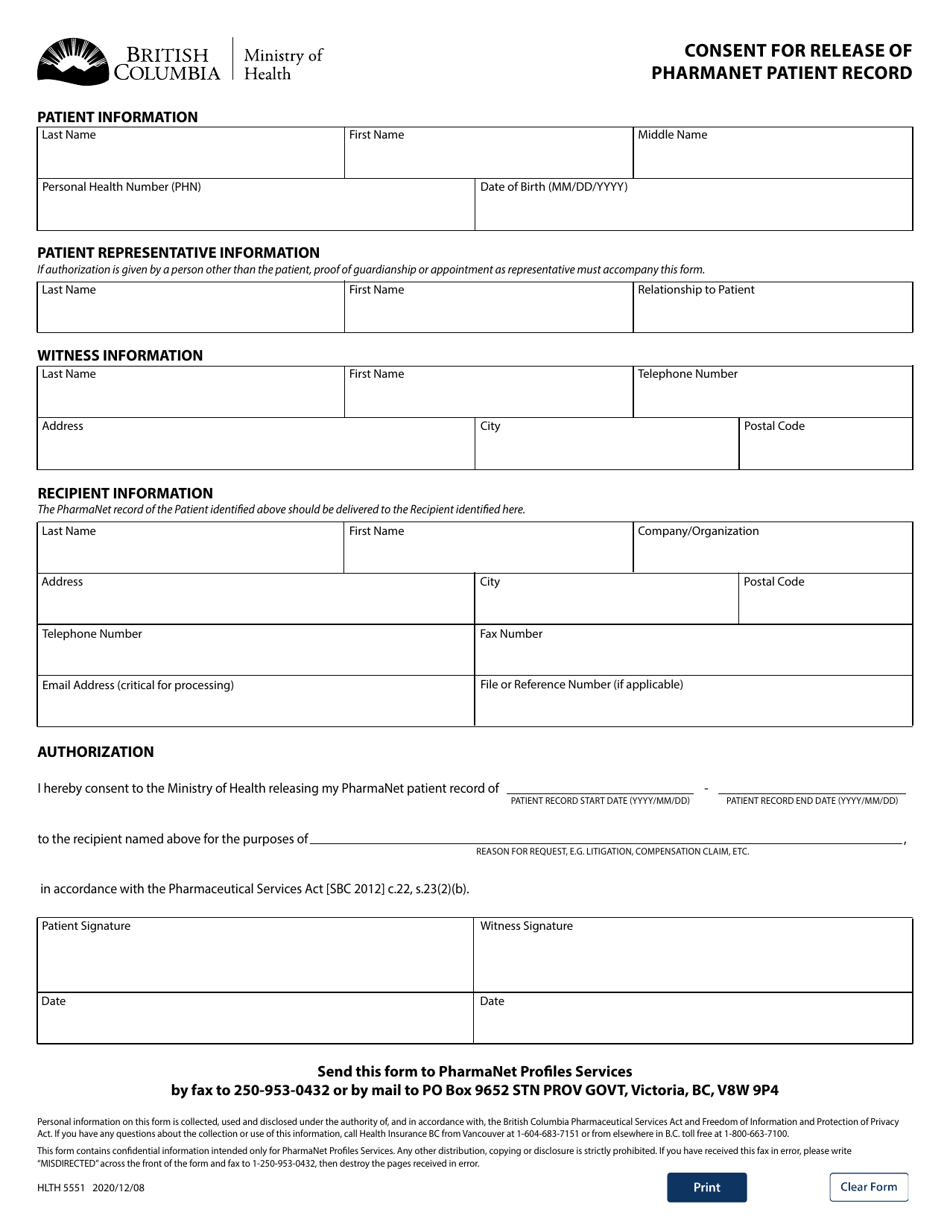 Form HLTH5551 Consent for Release of Pharmanet Patient Record - British Columbia, Canada, Page 1