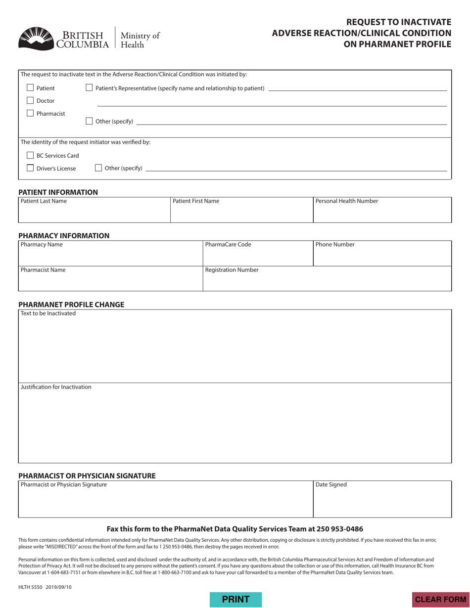 Form HLTH5550 Request to Inactivate Adverse Reaction / Clinical Condition on Pharmanet Profile - British Columbia, Canada, Page 1