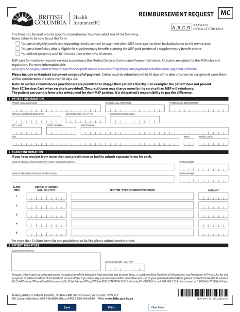Form HLTH2944 Reimbursement Request - British Columbia, Canada