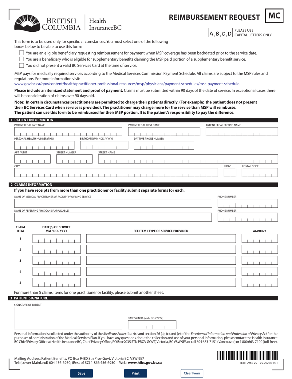 Form HLTH2944 Reimbursement Request - British Columbia, Canada, Page 1