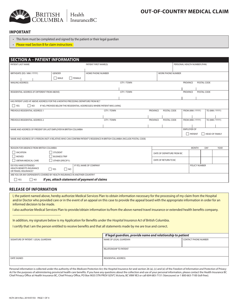 Form HLTH2814 Out-Of-Country Medical Claim - British Columbia, Canada, Page 1