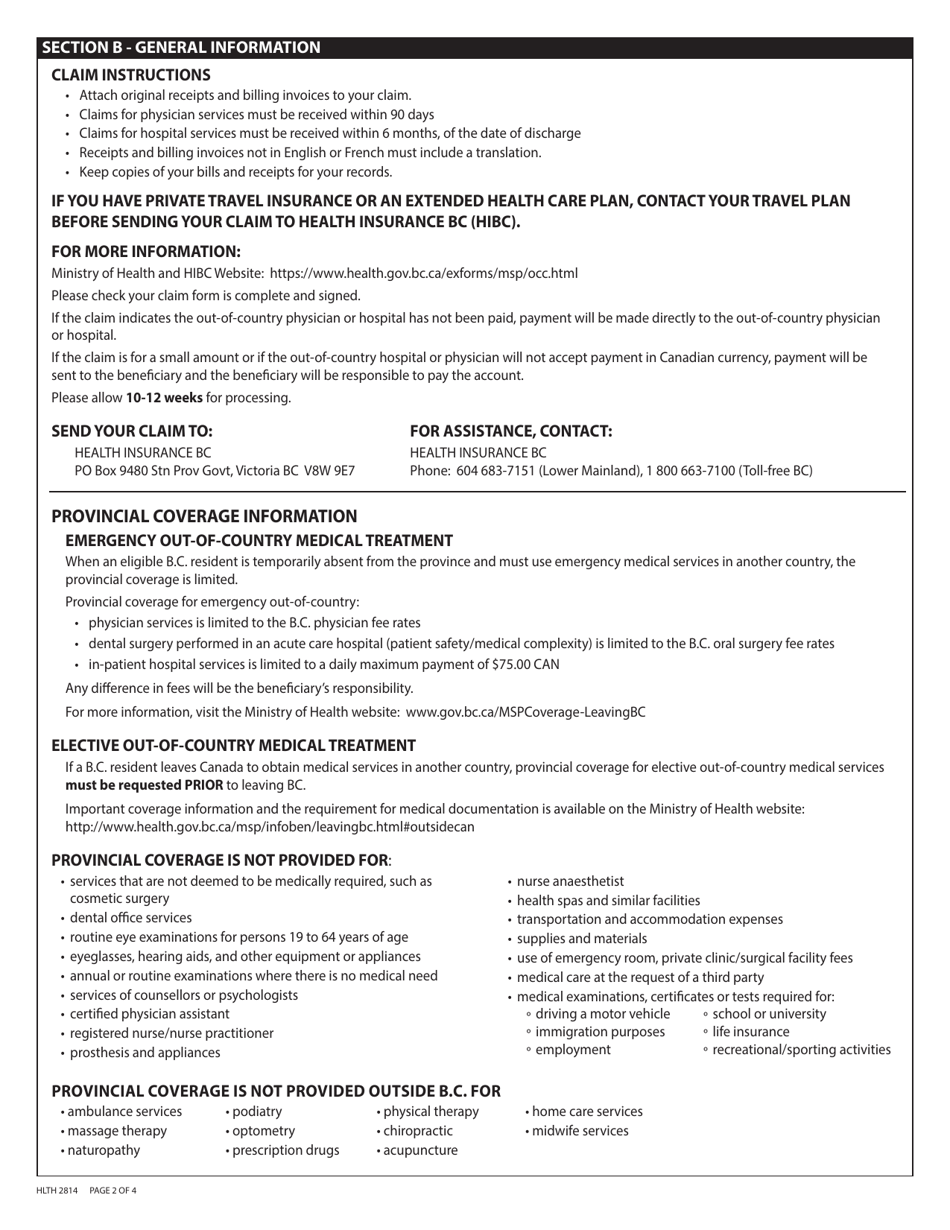 Form HLTH2814 Out-Of-Country Medical Claim - British Columbia, Canada, Page 2