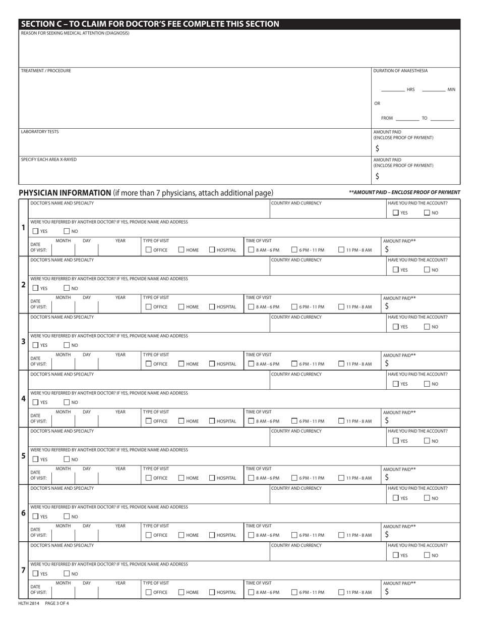 Form HLTH2814 Out-Of-Country Medical Claim - British Columbia, Canada, Page 3