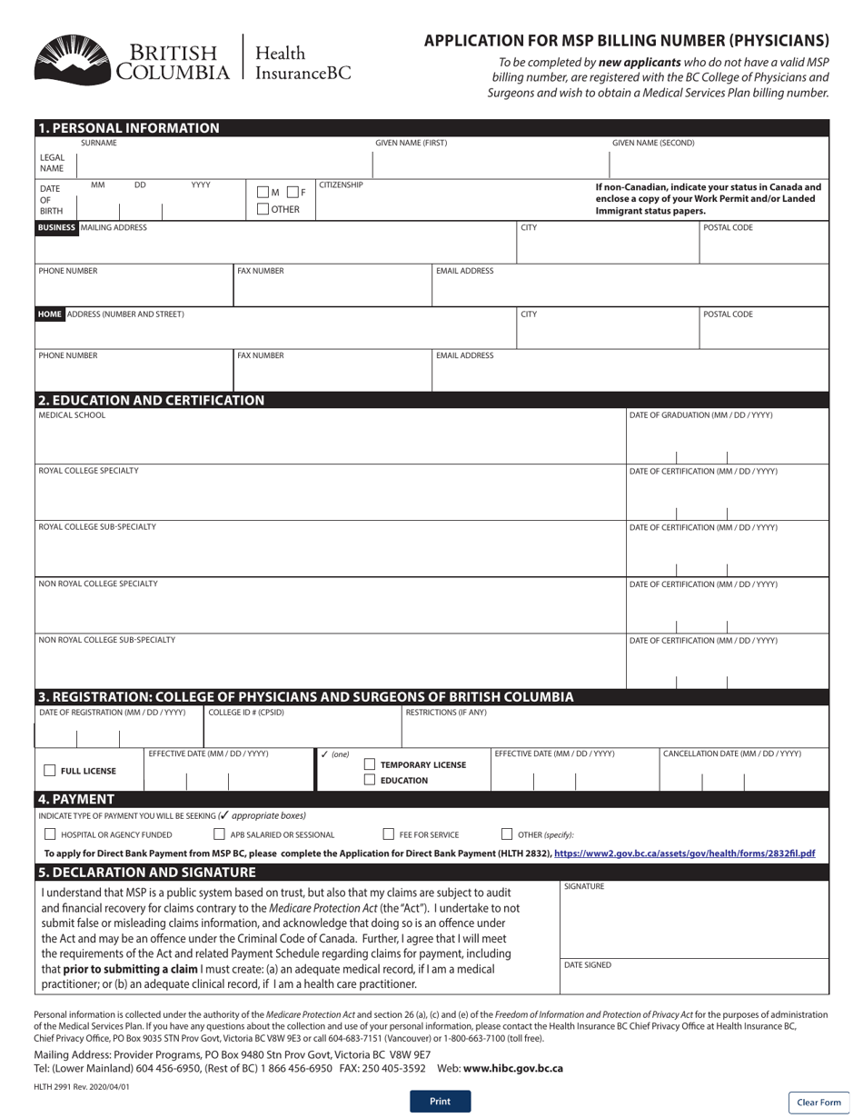 Form HLTH2991 Application for Msp Billing Number (Physicians) - British Columbia, Canada, Page 1