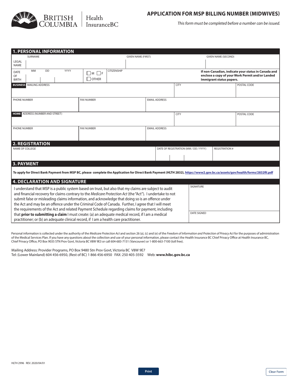 Form HLTH2996 Application for Msp Billing Number (Midwives) - British Columbia, Canada, Page 1