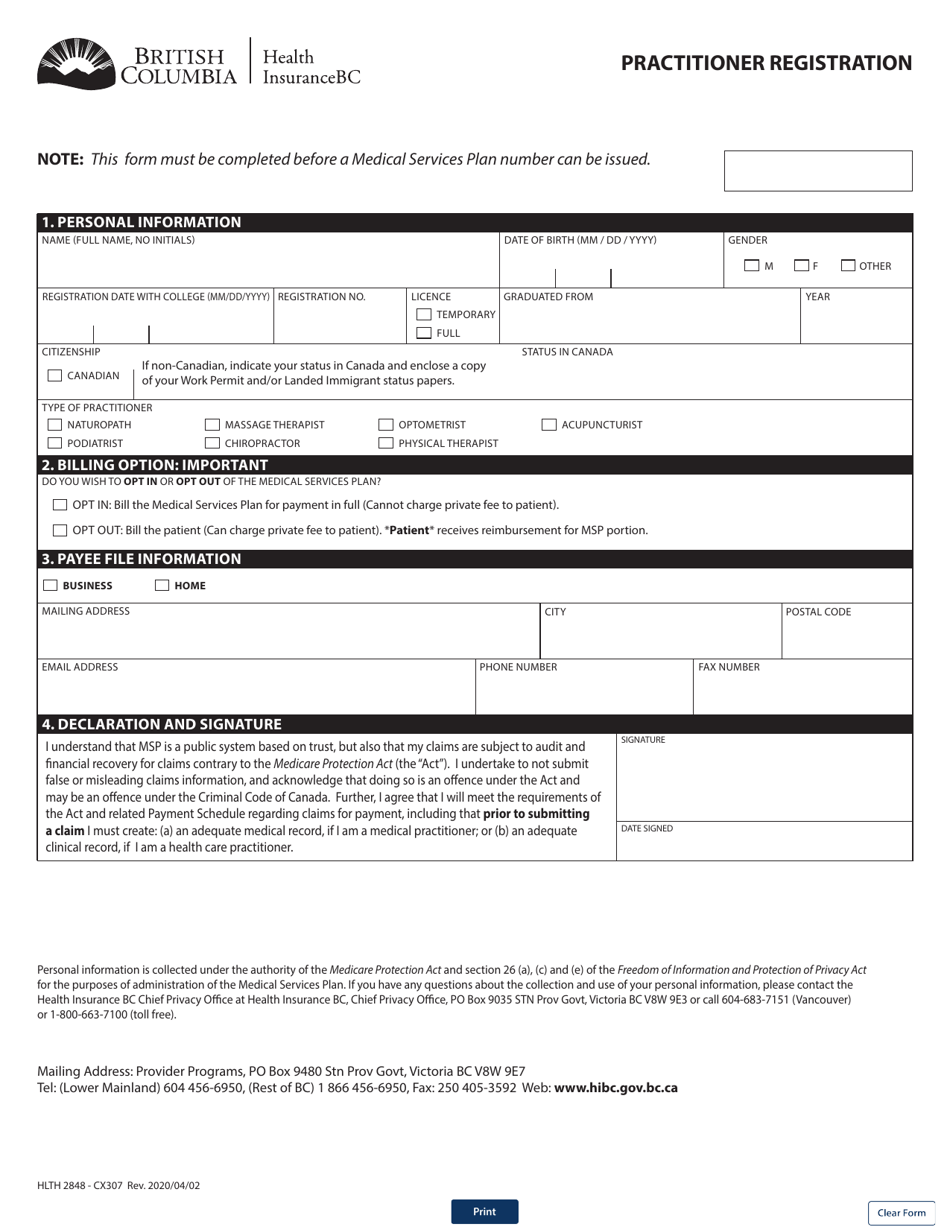 Form HLTH2848 Practitioner Registration - British Columbia, Canada, Page 1