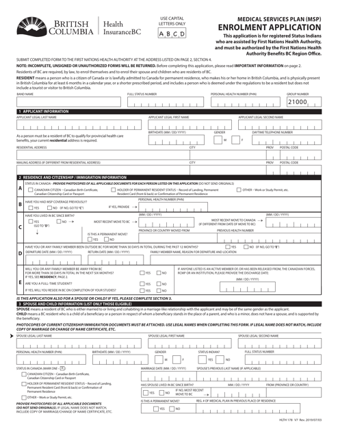 Form HLTH178 Medical Services Plan (Msp) Enrolment Application - British Columbia, Canada
