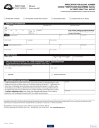 Document preview: Form HLTH2997 Application for Billing Number(Nurse Practitioner/Registered Nurse/Licensed Practical Nurse) - British Columbia, Canada