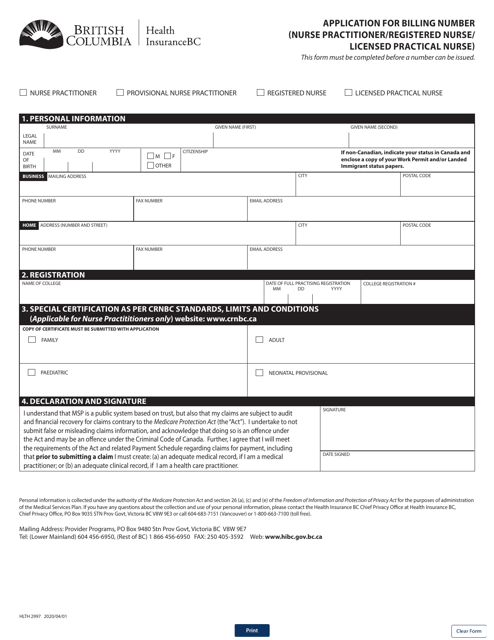 Form HLTH2997 Application for Billing Number(Nurse Practitioner/Registered Nurse/Licensed Practical Nurse) - British Columbia, Canada