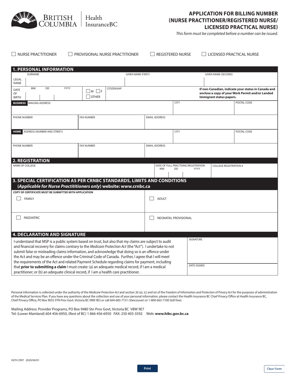 Form HLTH2997 Application for Billing Number(Nurse Practitioner / Registered Nurse / Licensed Practical Nurse) - British Columbia, Canada, Page 1