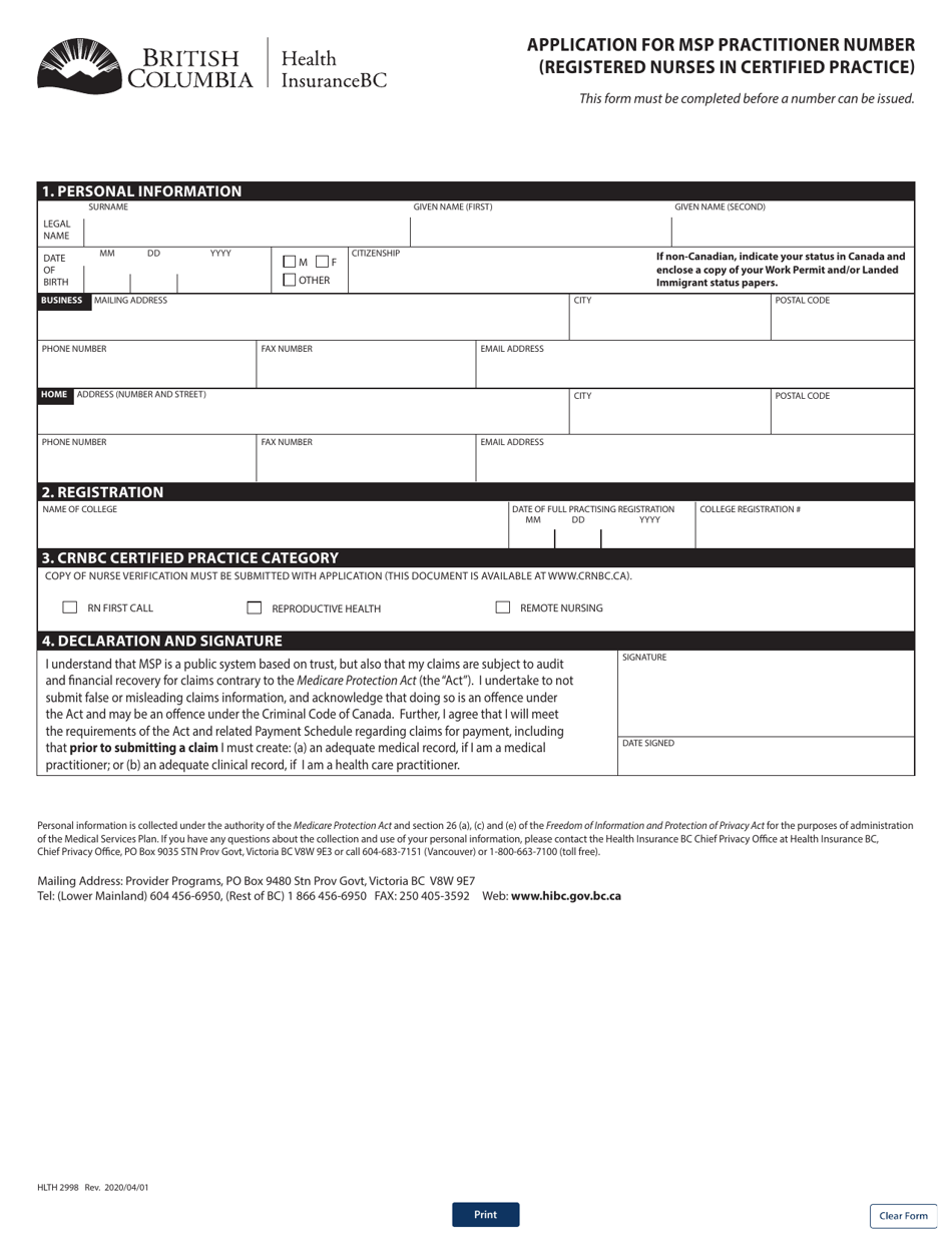 Form HLTH2998 Application for Msp Practitioner Number (Registered Nurses in Certified Practice) - British Columbia, Canada, Page 1