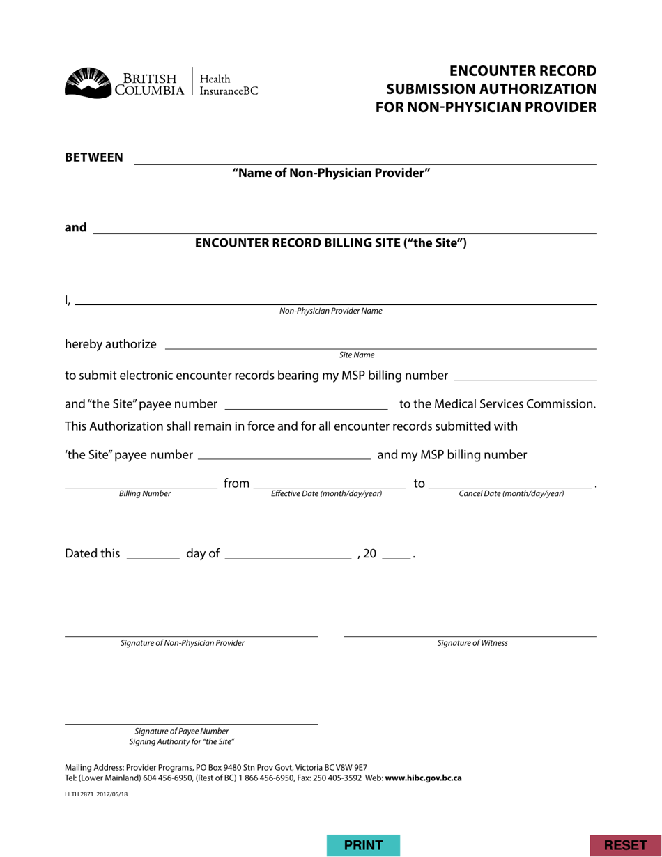 Form HLTH2871 Encounter Record Submission Authorization for Non-physician Provider - British Columbia, Canada, Page 1