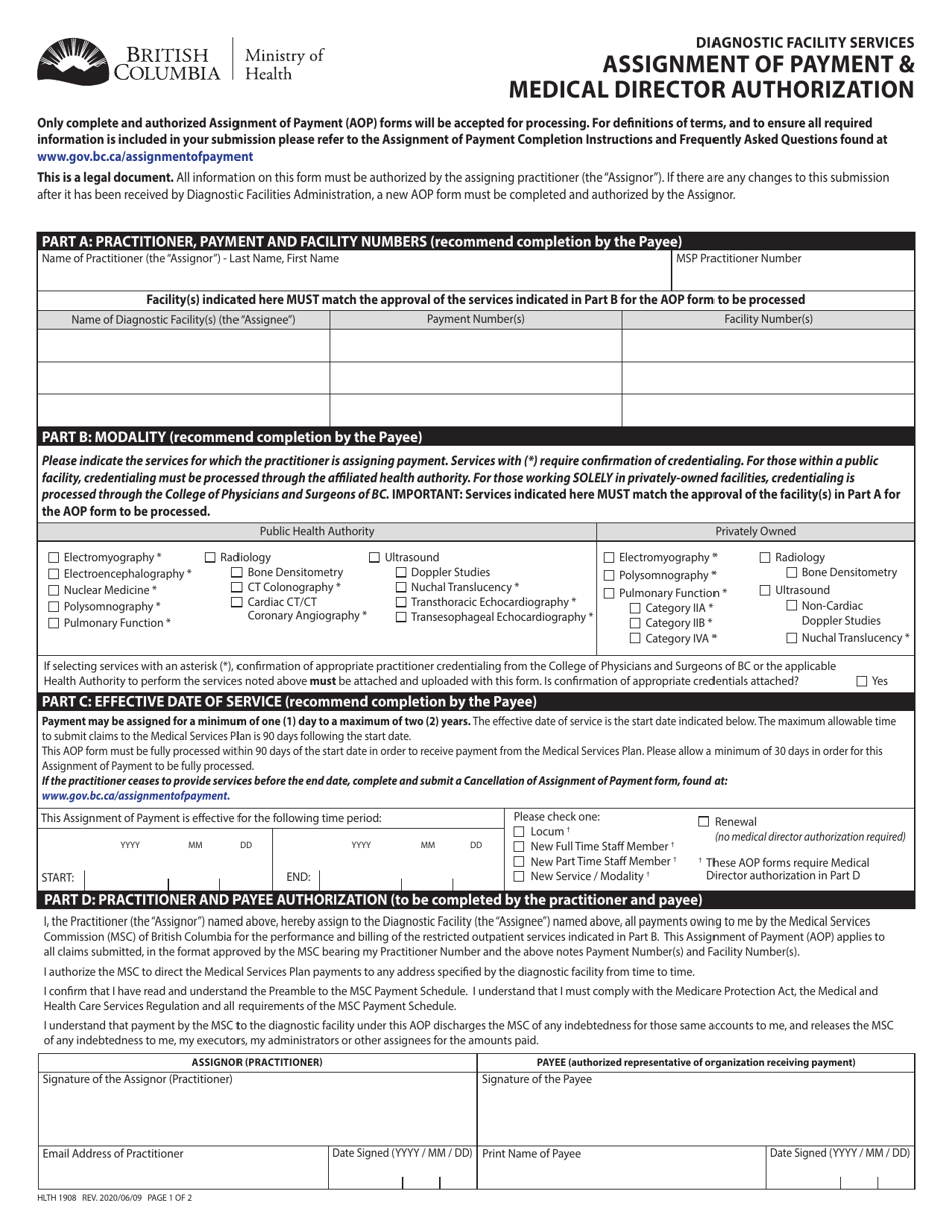 Form HLTH1908 Diagnostic Facility Services Assignment of Payment  Medical Director Authorization - British Columbia, Canada, Page 1