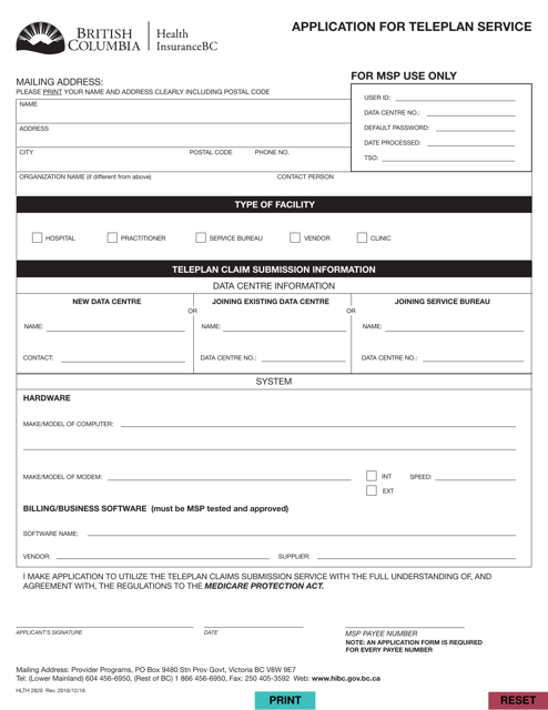 Form HLTH2820 Application for Teleplan Service - British Columbia, Canada