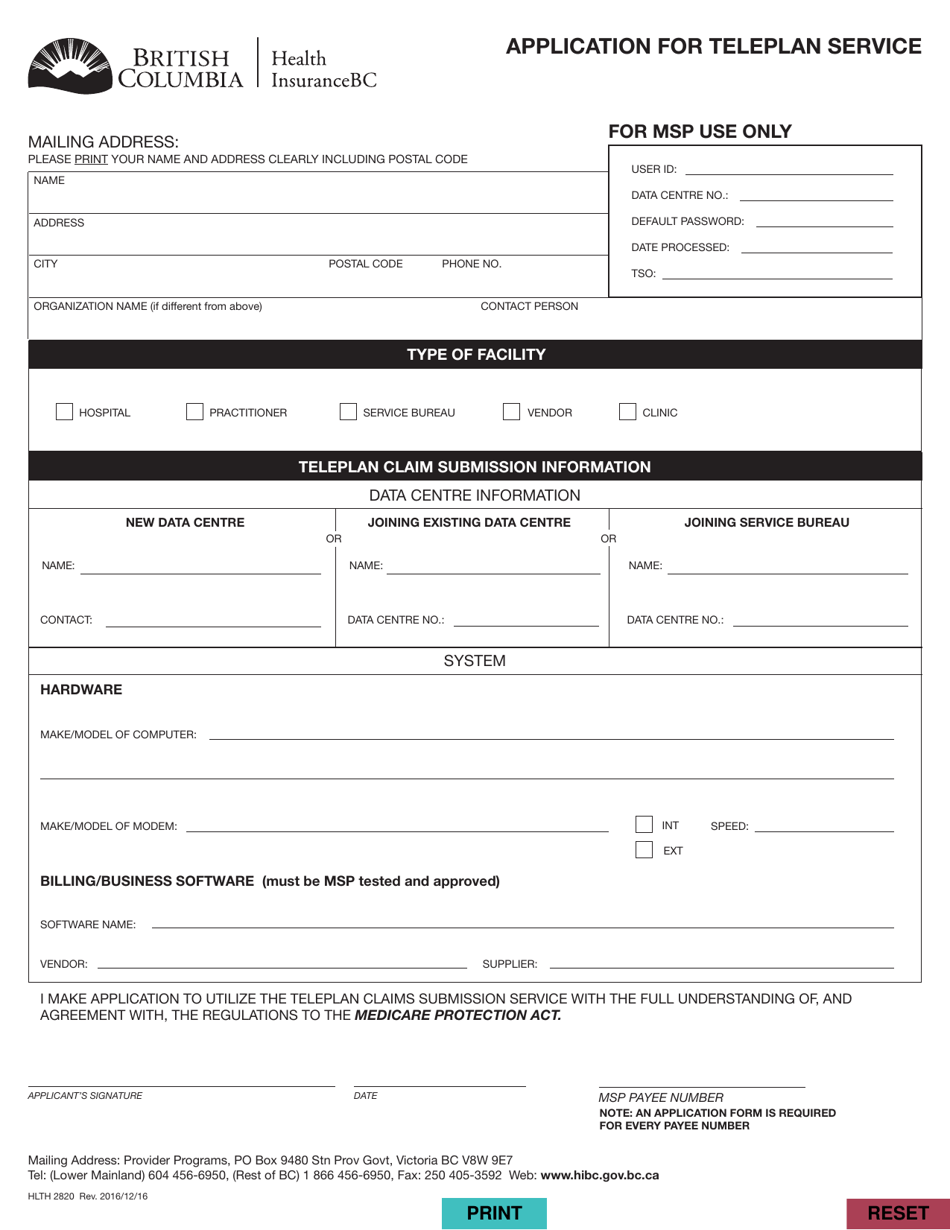 Form HLTH2820 Application for Teleplan Service - British Columbia, Canada, Page 1
