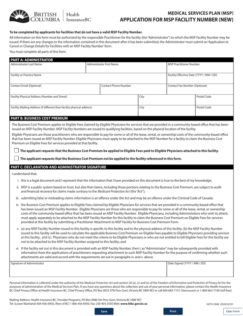 Form HLTH2948 Medical Services Plan (Msp) Application for Msp Facility Number (New) - British Columbia, Canada