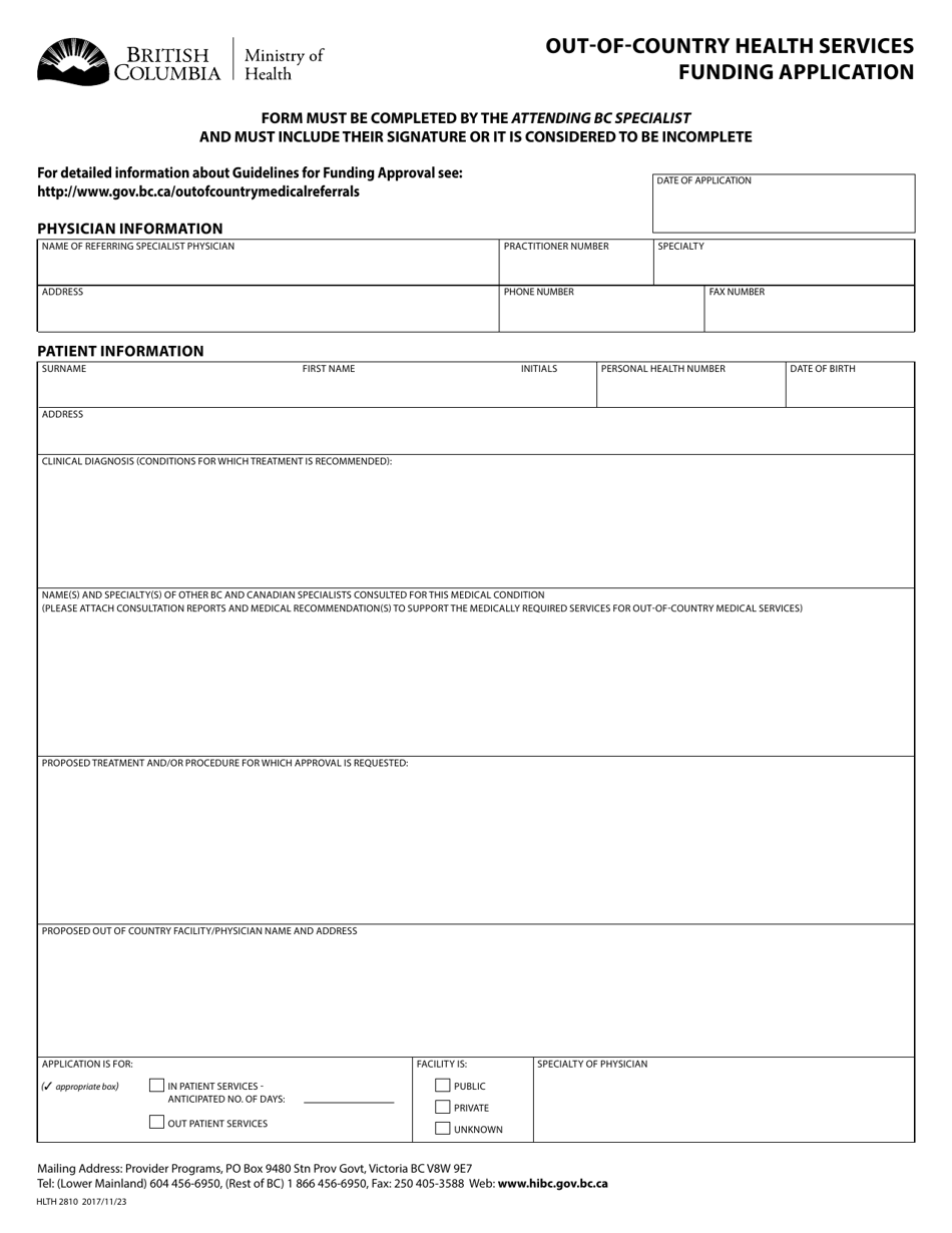 Form HLTH2810 Out-Of-Country Health Services Funding Application - British Columbia, Canada, Page 1