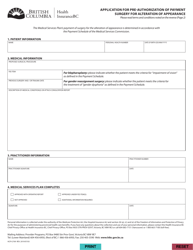 Document preview: Form HLTH2769 Application for Pre-authorization of Payment Surgery for Alteration of Appearance - British Columbia, Canada