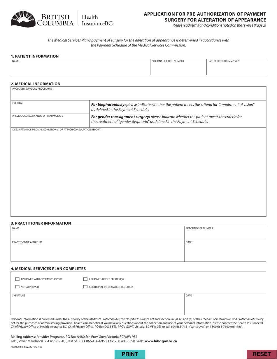 Form HLTH2769 Application for Pre-authorization of Payment Surgery for Alteration of Appearance - British Columbia, Canada, Page 1