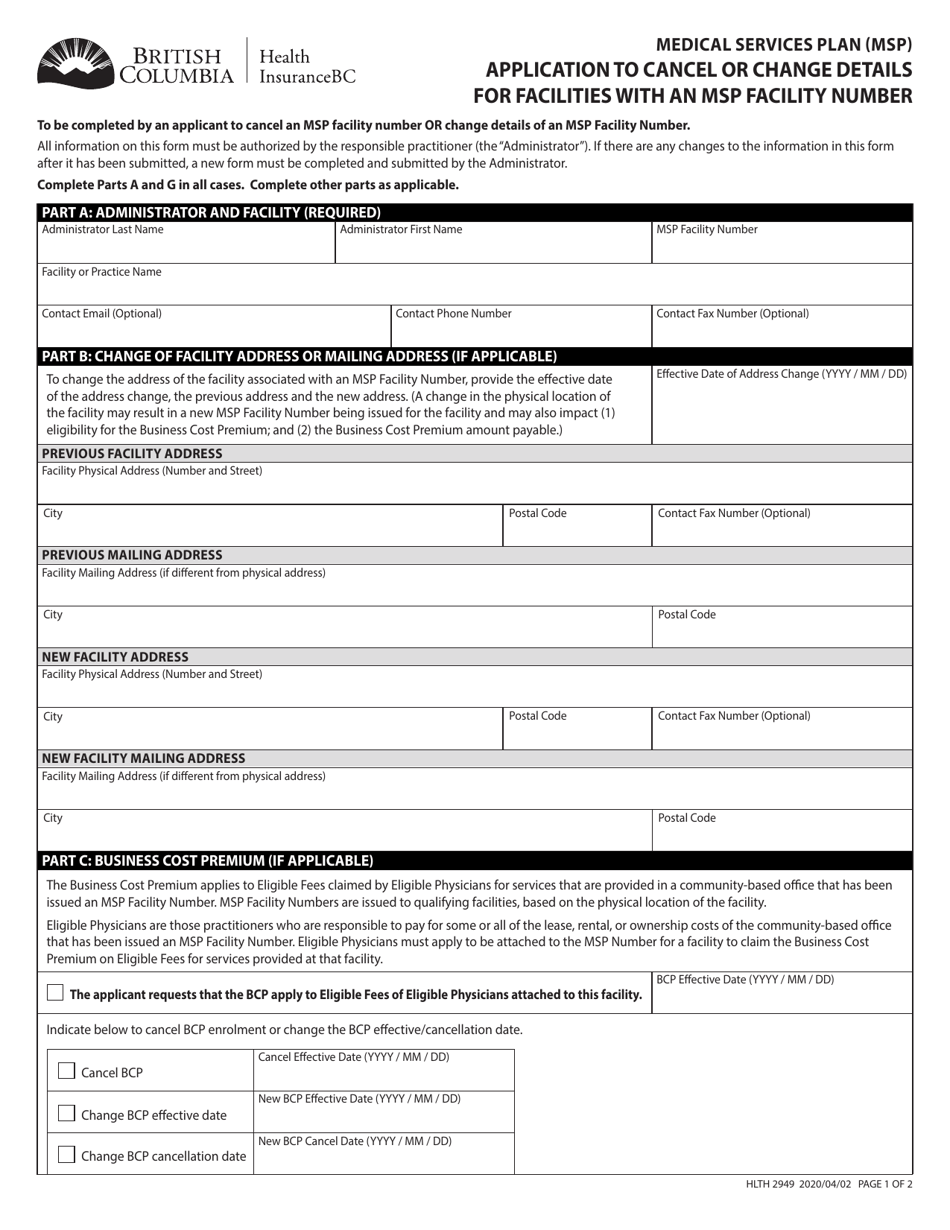 Form HLTH2949 Medical Services Plan (Msp) Application to Cancel or Change Details for Facilities With an Msp Facility Number - British Columbia, Canada, Page 1