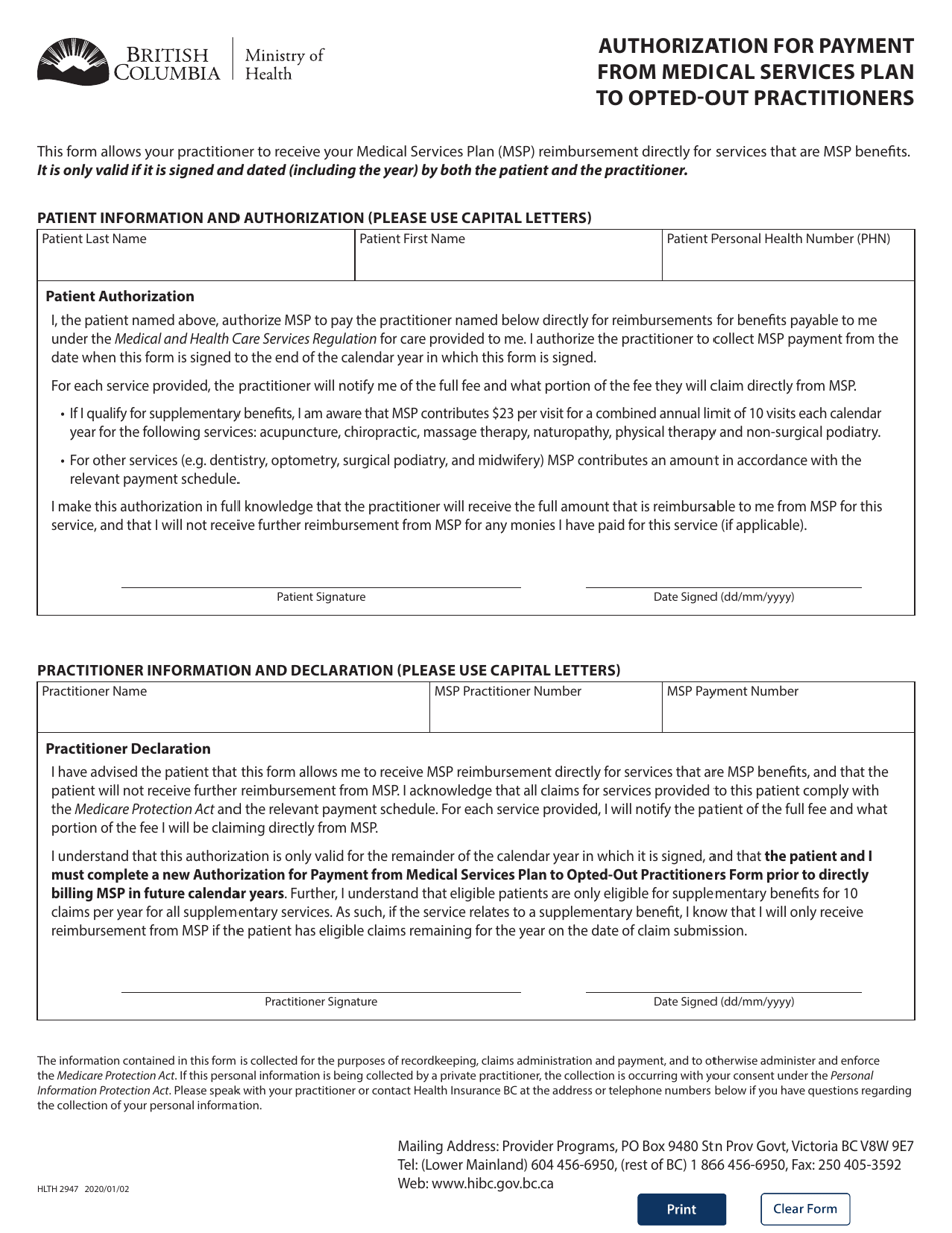 Form HLTH2947 Authorization for Payment From Medical Services Plan to Opted-Out Practitioners - British Columbia, Canada, Page 1