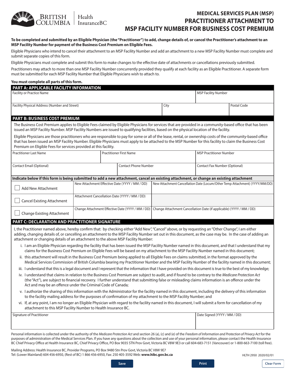 Form HLTH2950 Medical Services Plan (Msp) Practitioner Attachment to Msp Facility Number for Business Cost Premium - British Columbia, Canada, Page 1