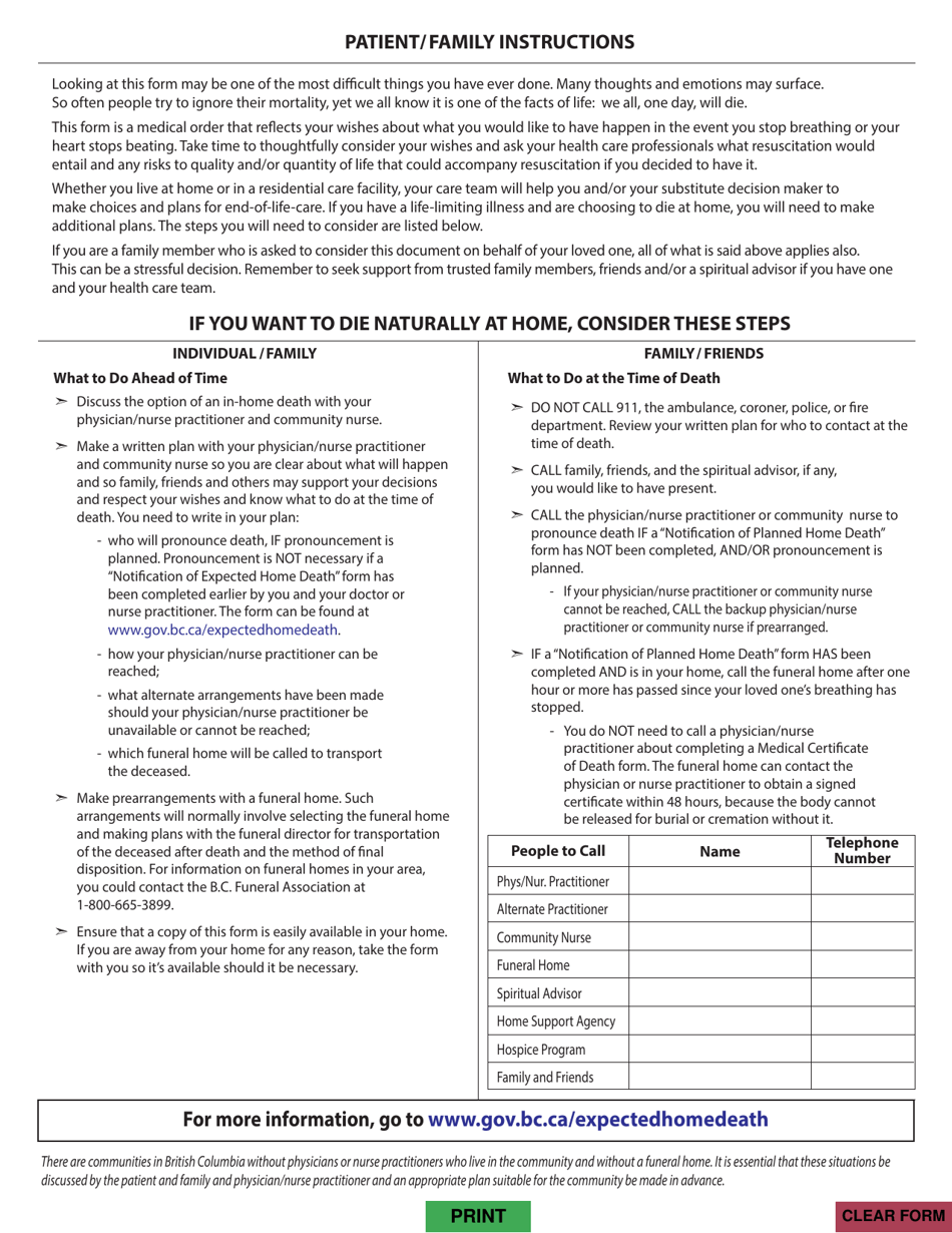 Form HLTH302 No Cardiopulmonary Resuscitation - Medical Order - British Columbia, Canada, Page 2
