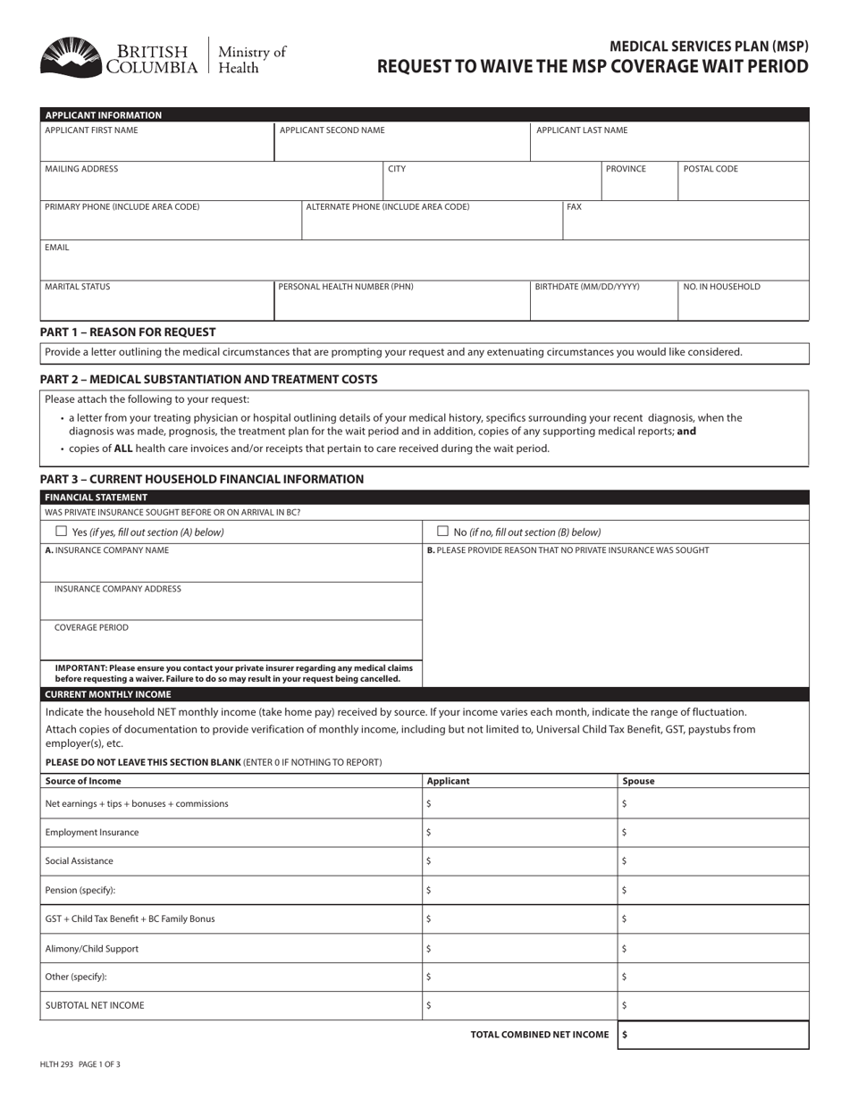 Form HLTH293 Request to Waive the Msp Coverage Wait Period - British Columbia, Canada, Page 2