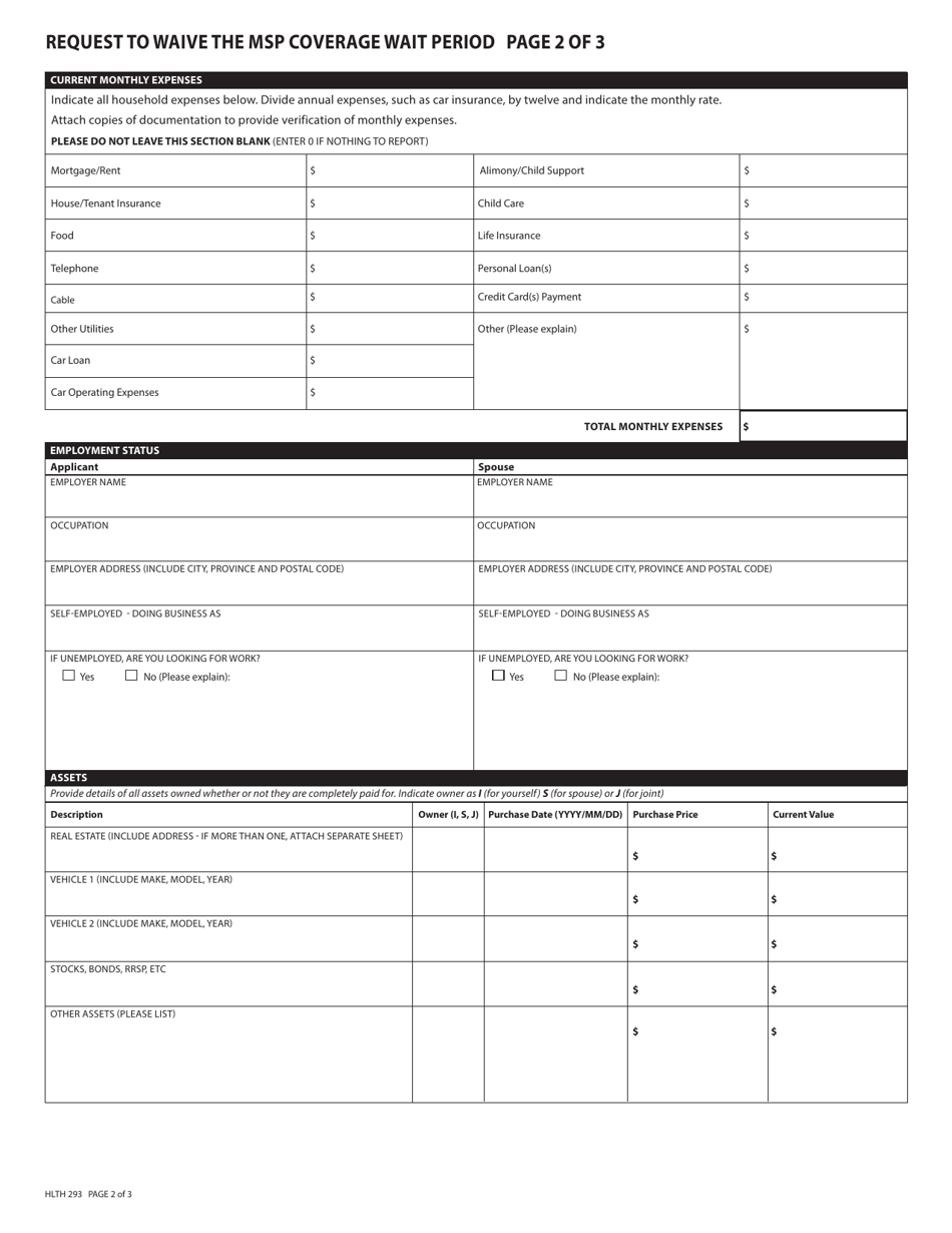 Form HLTH293 Request to Waive the Msp Coverage Wait Period - British Columbia, Canada, Page 3