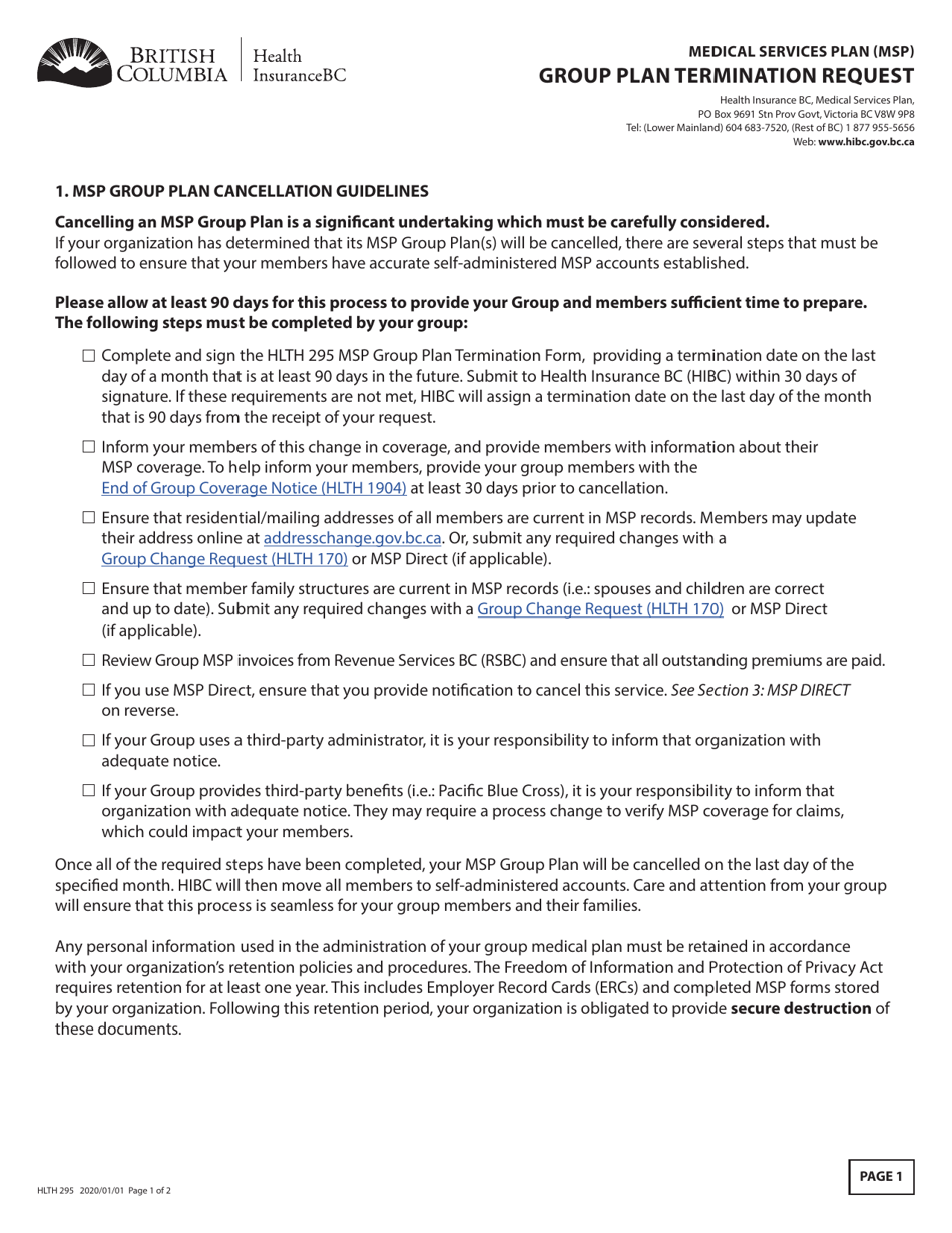 Form HLTH295 Fill Out, Sign Online and Download Fillable PDF, British Columbia Canada Form HLTH295 Fill Out, Sign Online and Download Fillable PDF, British Columbia Canada