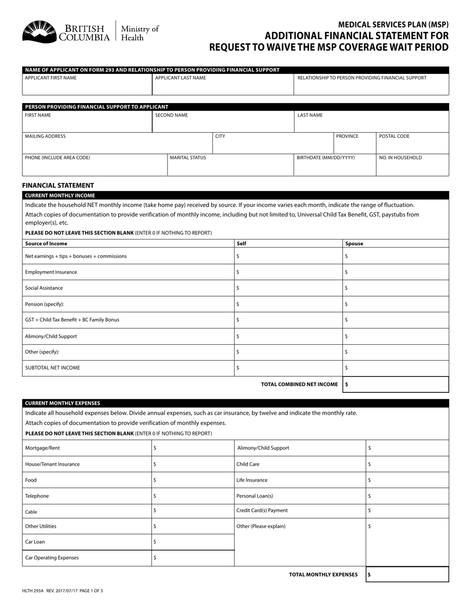 Form HLTH293A Additional Financial Statement for Request to Waive the Msp Coverage Wait Period - British Columbia, Canada, Page 2