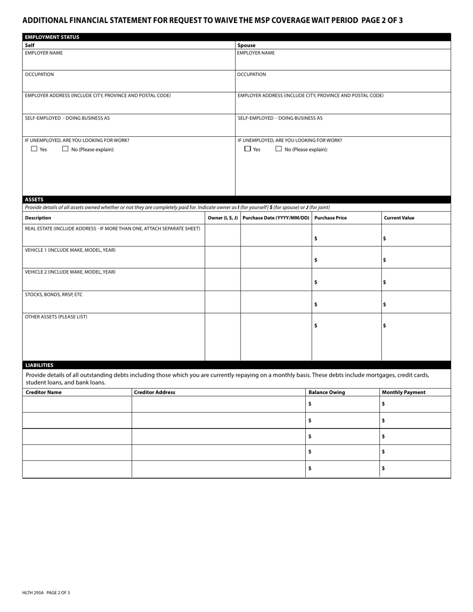 Form HLTH293A Additional Financial Statement for Request to Waive the Msp Coverage Wait Period - British Columbia, Canada, Page 3