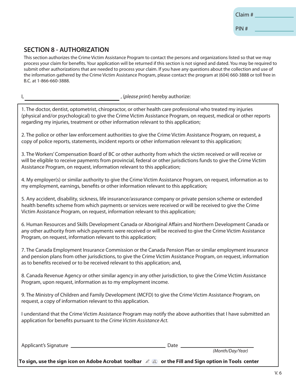 Crime Victim Assistance Program Victim Application - British Columbia, Canada, Page 8