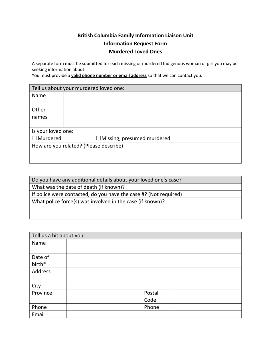 British Columbia Family Information Liaison Unit Information Request Form for Murdered Loved Ones - British Columbia, Canada, Page 1