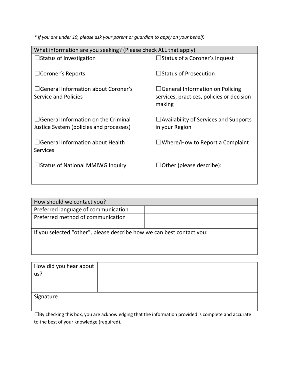 British Columbia Family Information Liaison Unit Information Request Form for Murdered Loved Ones - British Columbia, Canada, Page 2